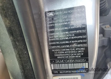 2011 Land Rover Range Rover Hse из США, поврежденный, VIN SALME1D43BA359225